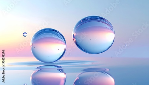 Wallpaper Mural Two clear glass spheres reflecting a vibrant sunset, one floating above water, the other resting on the surface, with gentle ripples and water droplets. Torontodigital.ca