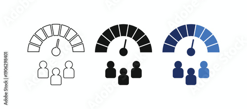 Professional team performance icons featuring a speed gauge and people symbols, representing productivity, group efficiency, and business progress in vector format