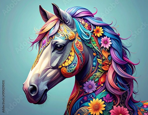 Wallpaper Mural Vibrant Floral Horse Portrait with Intricate Patterns and Colorful Mane. Torontodigital.ca