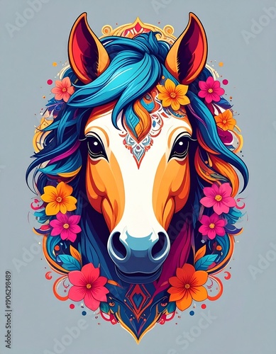 Wallpaper Mural Vibrant Horse Head Adorned with Colorful Flowers and Intricate Patterns. Torontodigital.ca