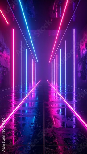 Wallpaper Mural Vibrant Neon Light Tunnel with Reflective Wet Floor. Torontodigital.ca