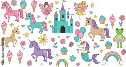 Cute unicorn and fairy vector set with princess castle, mermaid, rainbow, cupcakes and magical kids fantasy elements