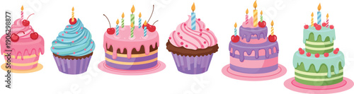 Sweet dessert cake collection vector with pastel colors and lit candles for celebration and party decoration use