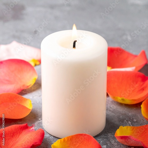 Wallpaper Mural White Pillar Candle with Flickering Flame Surrounded by Vibrant Rose Petals on a Textured Gray Background. Torontodigital.ca