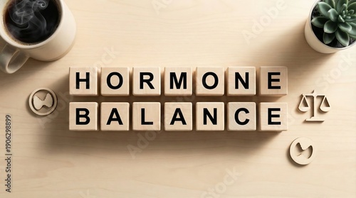Wooden cubes spelling 'Hormone Balance' displayed on desk