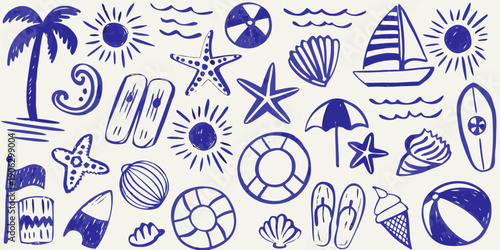 Blue doodle illustration featuring summer and beach themed icons