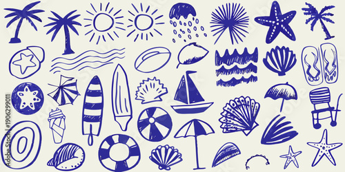 Hand drawn blue summer icons beach elements and tropical objects
