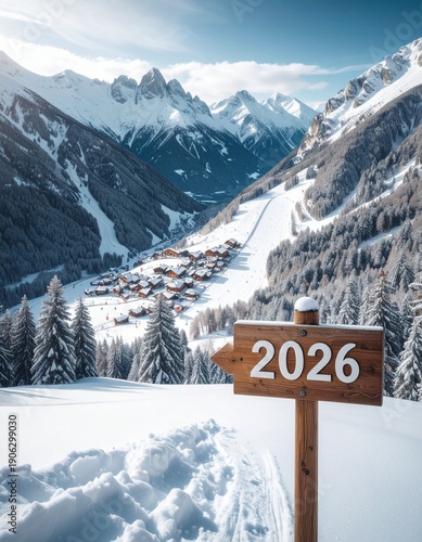 Wallpaper Mural Wooden Signpost with 2026 in Snowy Mountain Landscape. Torontodigital.ca