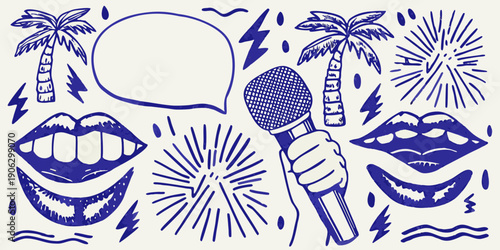 A playful doodle illustration featuring lips a microphone and tropical elements