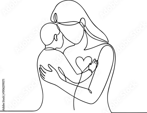 International Mother's Day Line Drawing Vector of Mother and Child Hugging with Heart Symbol - Minimalist Illustration Representing Maternal Love, Care, Family Bonding, and Affectionate Embrace