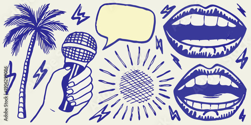 A collection of hand drawn icons featuring a tropical theme and vocal elements