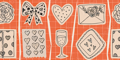 Hand drawn illustrations of romantic symbols on a coral background