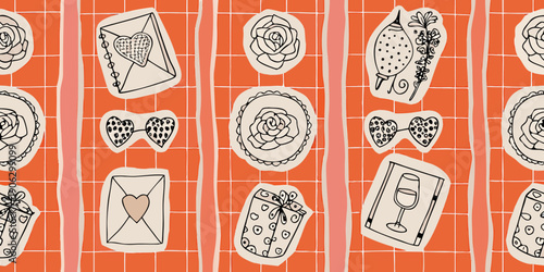 A repeating pattern of hand drawn valentine s day themed illustrations