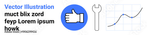 Business services, analytics, customer support, tools, data processing, growth trends. Thumbs-up icon, wrench and line graph. Business services and analytics concept