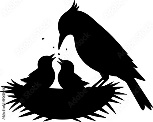 International Mother's Day Minimalist Black Vector Silhouette of Mother Bird Feeding Hungry Baby Chicks in Nest | Simple High-Contrast Icon Symbolizing Parental Care, Spring, and Wildlife