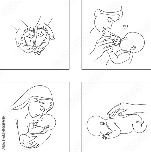 International Mother's Day Hand drawn cartoon kids and animals coloring book page set