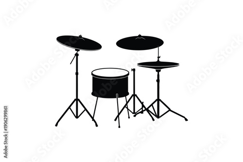 Silhouette of professional acoustic drum set including cymbals and floor tom on tripod stands isolated on white