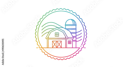 Vibrant rainbow gradient farm illustration with barn and silo in a playful scalloped emblem