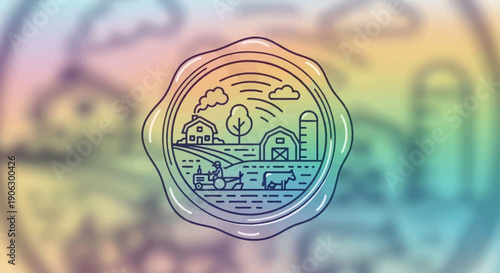 Charming Line Art Farm Landscape Illustration with Tractor and Animals Inside a Decorative Seal