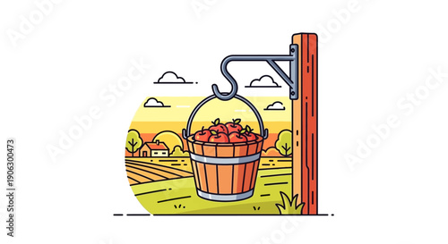 Harvest time on the farm: A delightful bucket of fresh red apples hangs ready for enjoyment