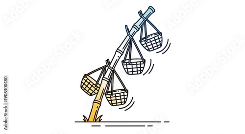 Traditional bamboo carrying pole with baskets illustrating balance and cultural transport concept