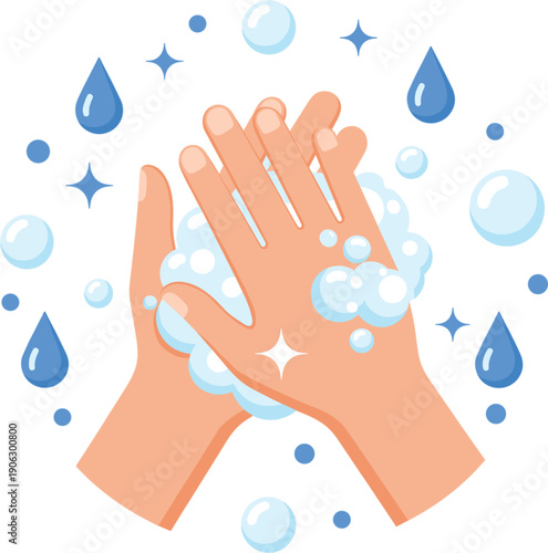 Human Hands Washing With Soap Suds And Blue Water Drops Representing Personal Hygiene Health Protection And Daily Sanitizing Routine Vector Illustration