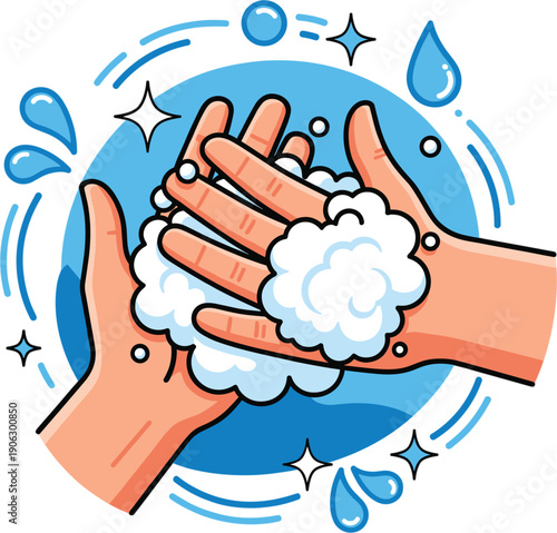 Hygiene Concept Vector Illustration Showing Human Hands Washing With Soap Suds Bubbles And Water Drops On A Blue Background