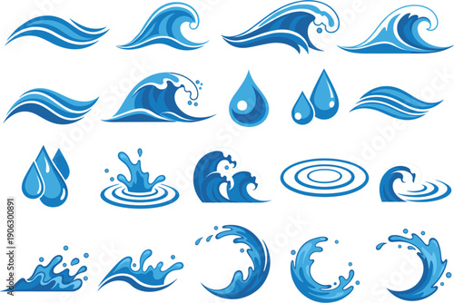 Professional blue water waves and ocean splash vector set featuring variety of sea surf ripples and decorative liquid drops.