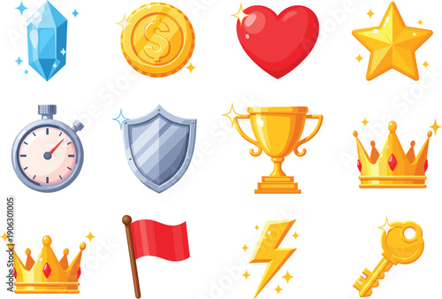 Colorful game assets and mobile UI icon set featuring gold coin crystal heart star trophy crown key and shield.