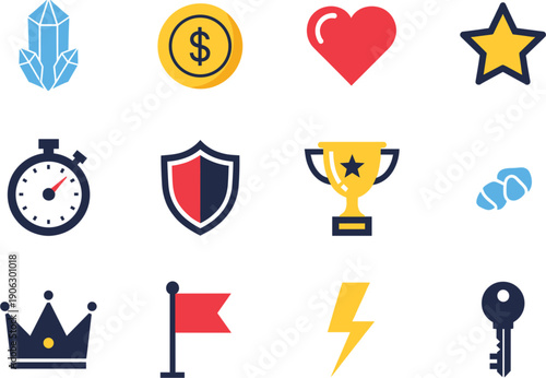 Flat game assets and mobile interface icon set featuring gold coin crystal heart star trophy crown key and shield.