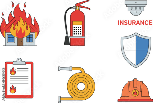 Professional fire safety and home insurance vector icon set featuring burning house extinguisher alarm hose helmet and checklist.