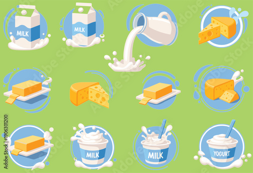 Flat dairy product vector icon set with milk, cheese, butter, yogurt illustrations for food packaging and branding