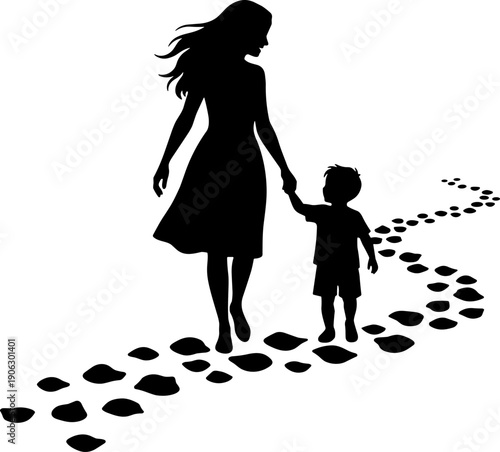 International Mother's Day Black Silhouette Vector Art of Mother and Child Holding Hands, Walking a Winding Footprint Path, Symbolizing Parental Guidance, Childhood Journey, Love, and Care