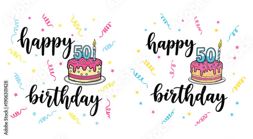 Hand-drawn 50th birthday illustration with cake and confetti