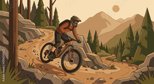 Cyclist in Mountain Trail

Flat vector illustration of a mountain biker riding on a trail. Rocks, trees, and uneven terrain visible. Flat vector style, adventure and outdoor sport mood.