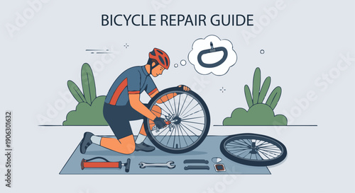 Cyclist Repairing Bicycle

Flat vector illustration of a cyclist repairing a bicycle. Tools, tire pump, and wheel visible. Flat vector style, practical and instructional scene.