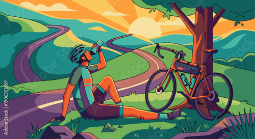 Cyclist Resting and Hydrating

Flat vector illustration of a cyclist resting beside the road, drinking water. Bicycle leaning nearby. Flat vector style, recovery and endurance theme.
