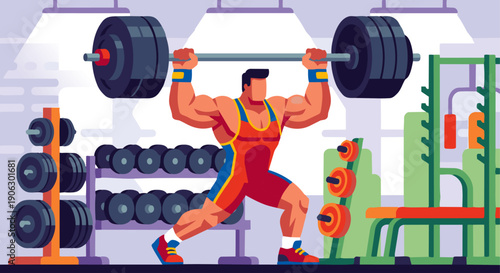 Weightlifter Lifting Barbell

Flat vector illustration of a weightlifter lifting a heavy barbell overhead. Gym background with weights and racks. Clean flat vector style, solid colors, 