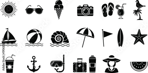 Black Silhouette Summer Vacation Icons Set Featuring Sun Sunglasses Ice Cream Camera Flip Flops Cocktail Sailboat Beach Ball and Shell, cad drawing flat vector illustration