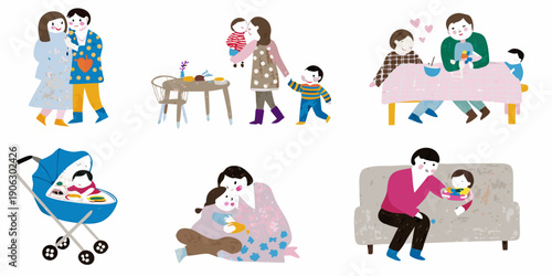 Illustrations depicting various family moments and parental love