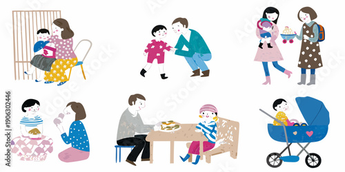 Illustrations depicting various family moments and stages of parenthood