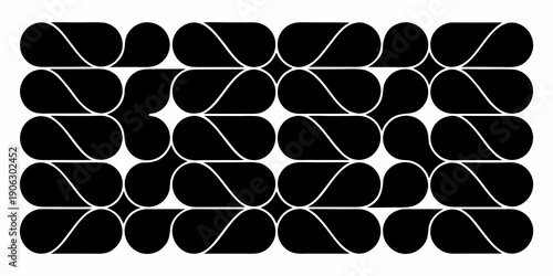 Abstract pattern of overlapping black teardrop shapes on a white background