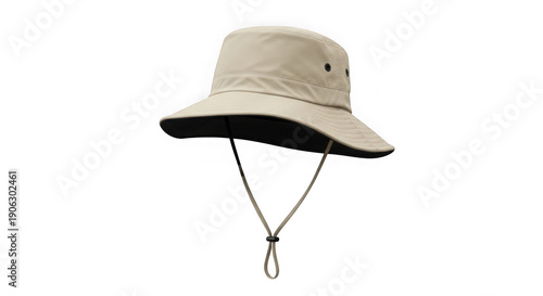 Beige bucket hat with chin strap isolated on transparent background
