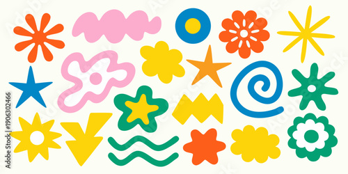 Colorful abstract floral and geometric shapes arranged on a white background