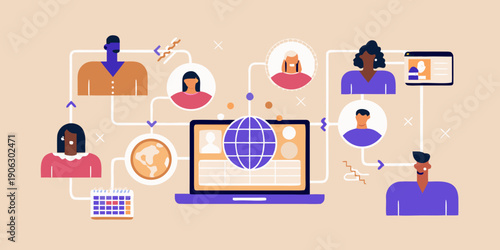Diverse people connecting through a global network via laptops and devices