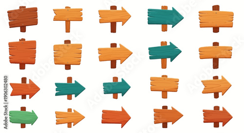 Collection of rustic wooden signs and arrow pointers in various shapes and colors, ideal for directional graphics or game elements.