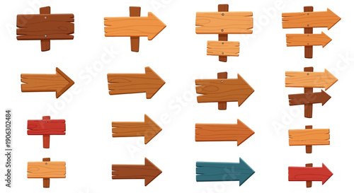 Collection of diverse wooden direction signs and arrow pointers, isolated vector illustrations for wayfinding and guidance