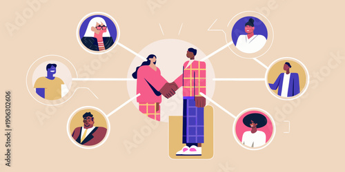 Diverse group of people connecting and shaking hands in a network