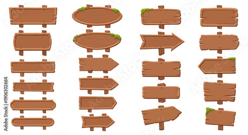 Varied collection of rustic wooden signboards and arrow pointers, ideal for indicating paths, messages, and directional guidance.