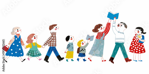 A colorful illustration depicts a line of people reading books